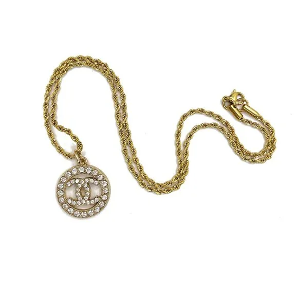 CHANEL CC Round Rhinestone Charm Pendant on Necklace Gold Plated Chain